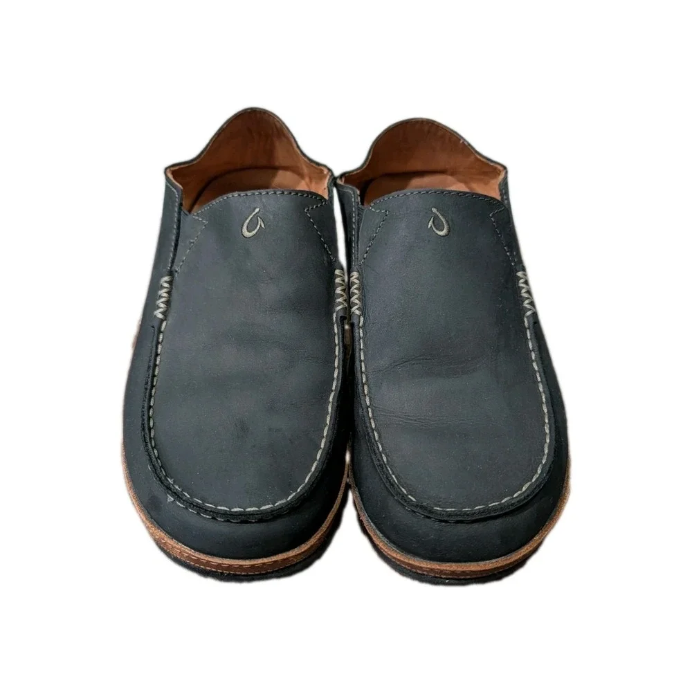 OluKai Mens Moloā Leather Slip On Shoes Black Toffee Size 11.5 Nubuck Drop Heel